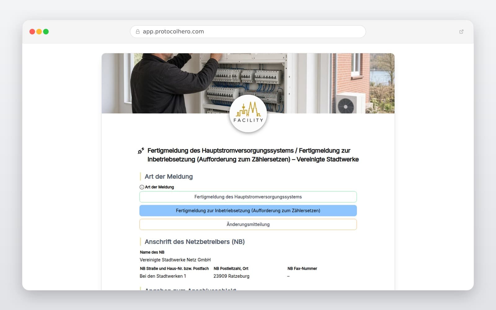 Vorschau der Vorlage „Fertigmeldung des Hauptstromversorgungssystems / Fertigmeldung zur Inbetriebsetzung (Aufforderung zum Zählersetzen) – Vereinigte Stadtwerke"