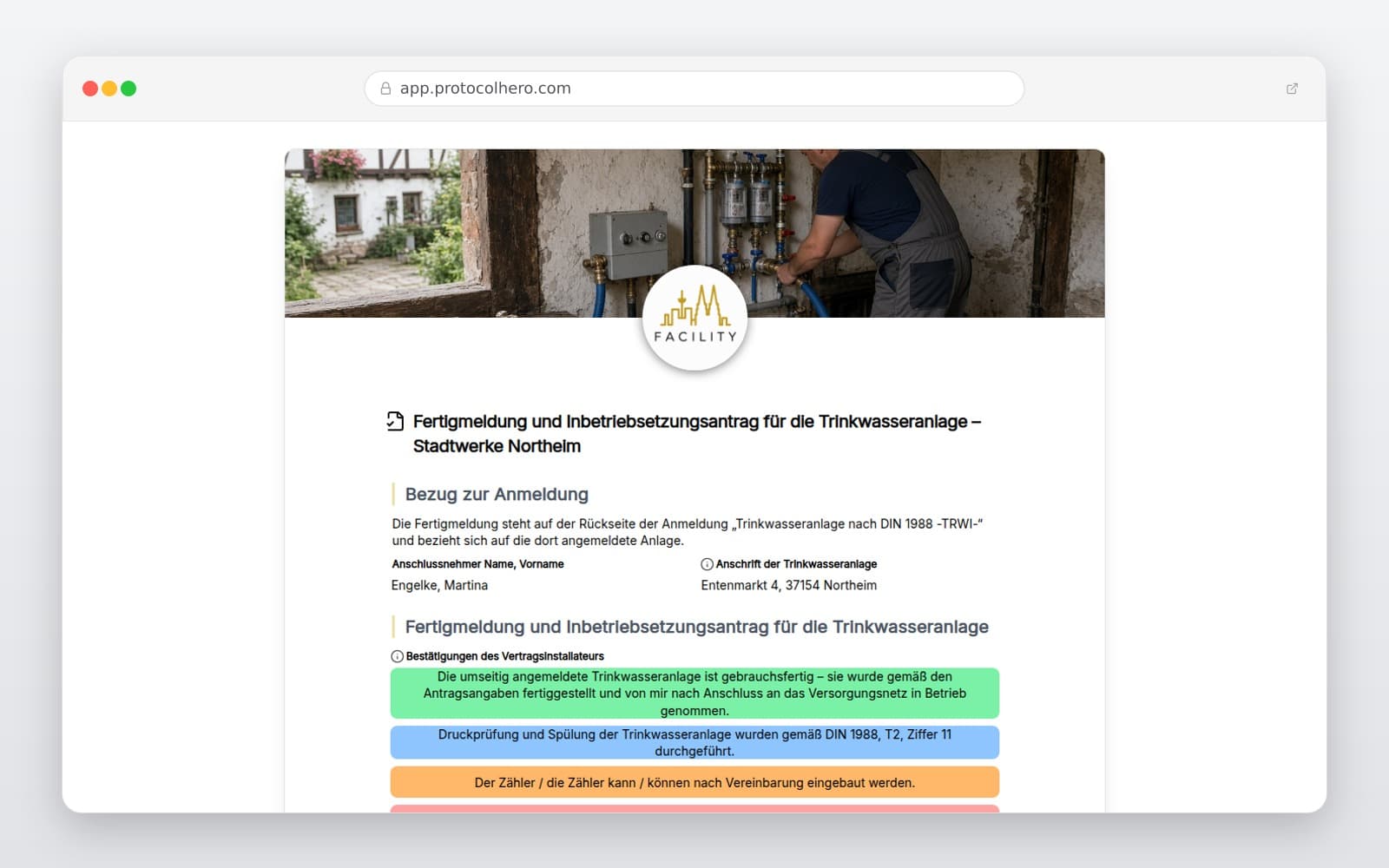 Vorschau der Vorlage „Fertigmeldung und Inbetriebsetzungsantrag für die Trinkwasseranlage – Stadtwerke Northeim"