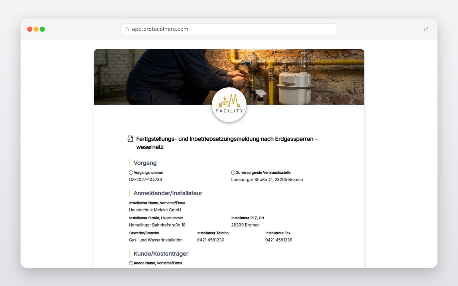 Vorschau der Vorlage „Fertigstellungs- und Inbetriebsetzungsmeldung nach Erdgassperren – wesernetz"