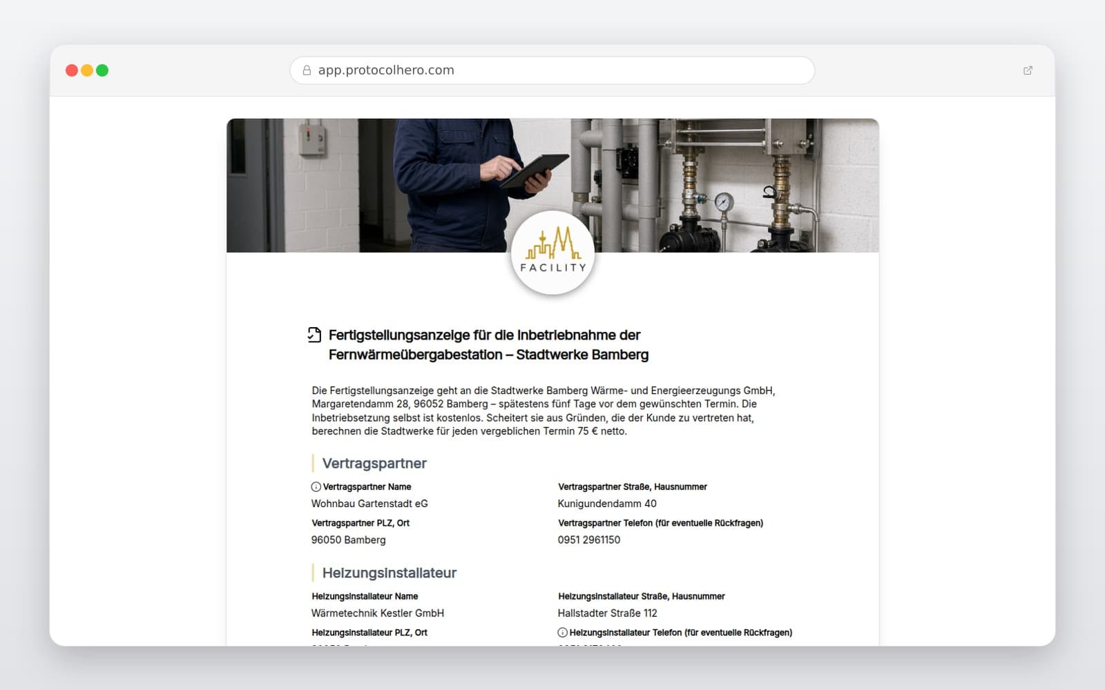 Vorschau der Vorlage „Fertigstellungsanzeige für die Inbetriebnahme der Fernwärmeübergabestation – Stadtwerke Bamberg"