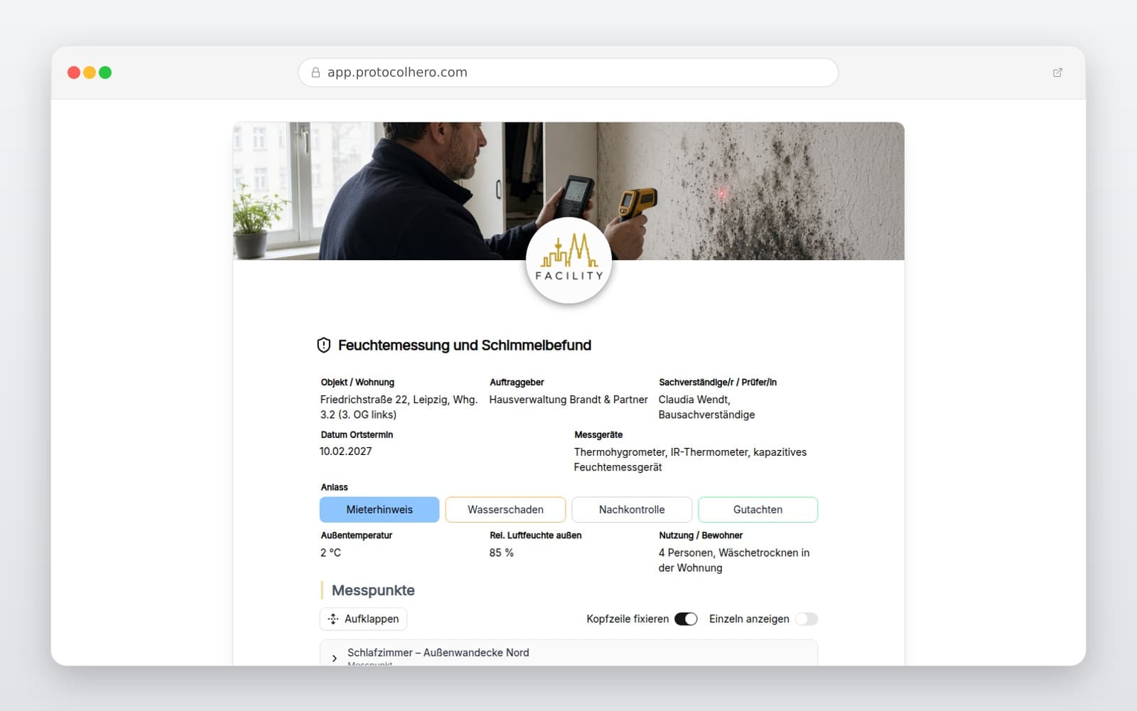 Vorschau der Vorlage „Feuchtemessung und Schimmelbefund"