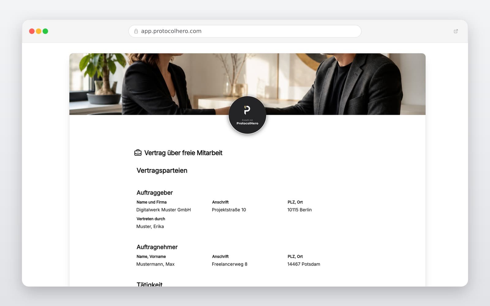 Vorschau der Vorlage „Freie Mitarbeit Vertrag Vorlage – Digitaler Freelancer-Vertrag"