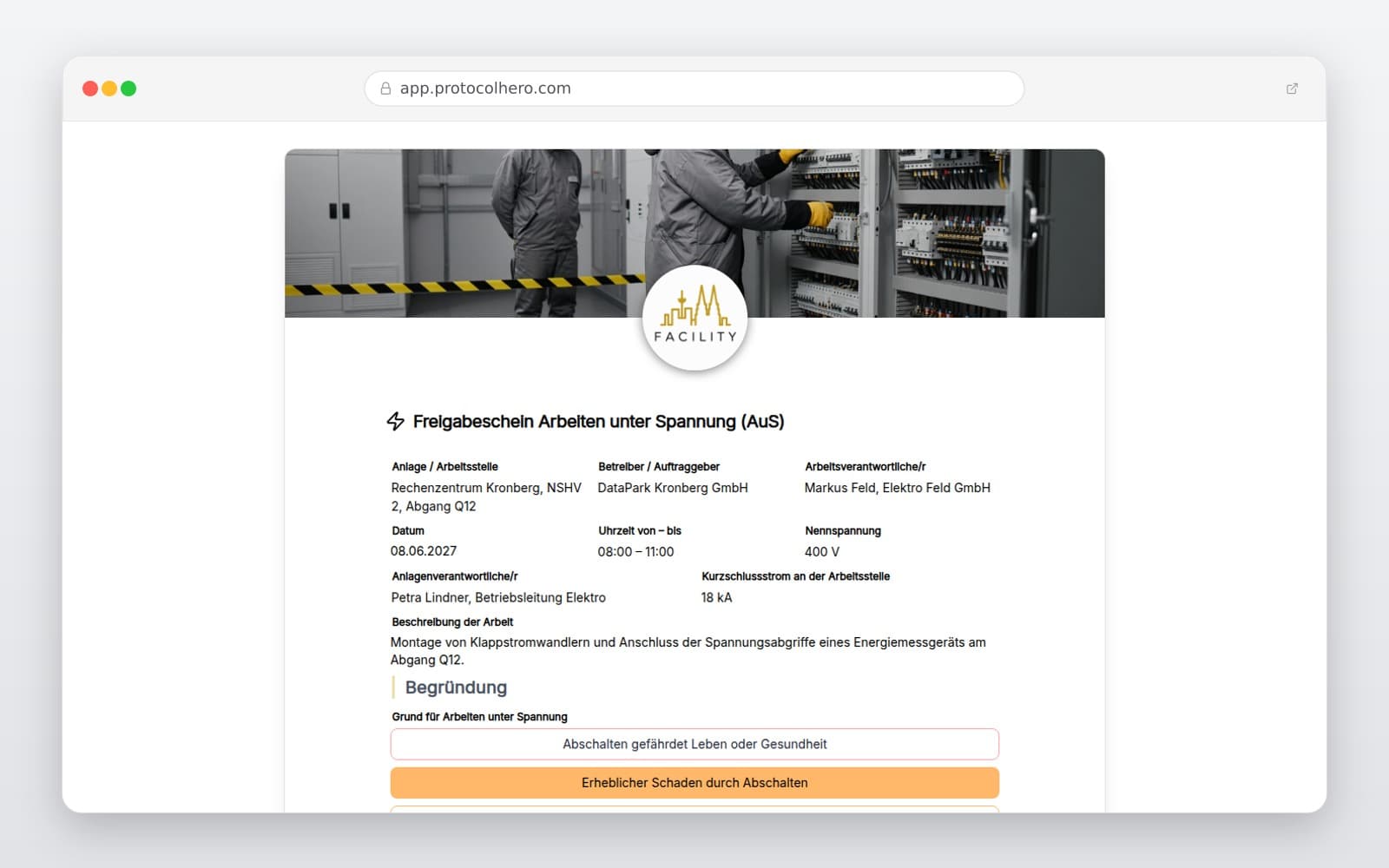 Vorschau der Vorlage „Freigabeschein Arbeiten unter Spannung (AuS)"