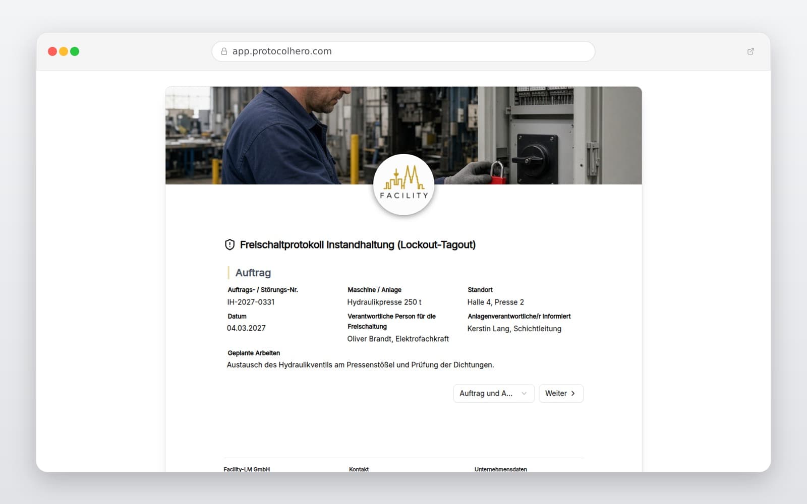 Vorschau der Vorlage „Freischaltprotokoll Instandhaltung (Lockout-Tagout)"