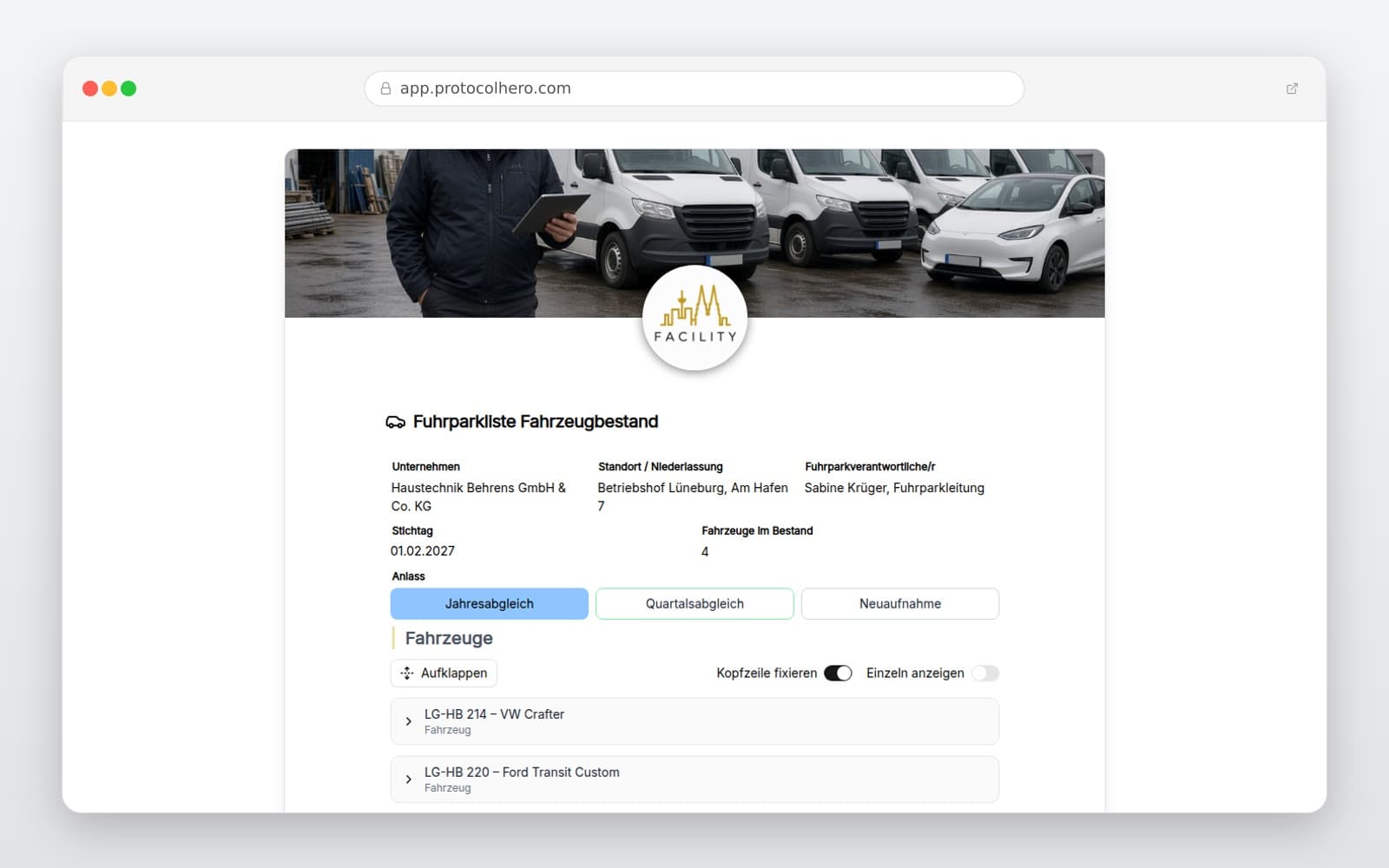 Vorschau der Vorlage „Fuhrparkliste Fahrzeugbestand"