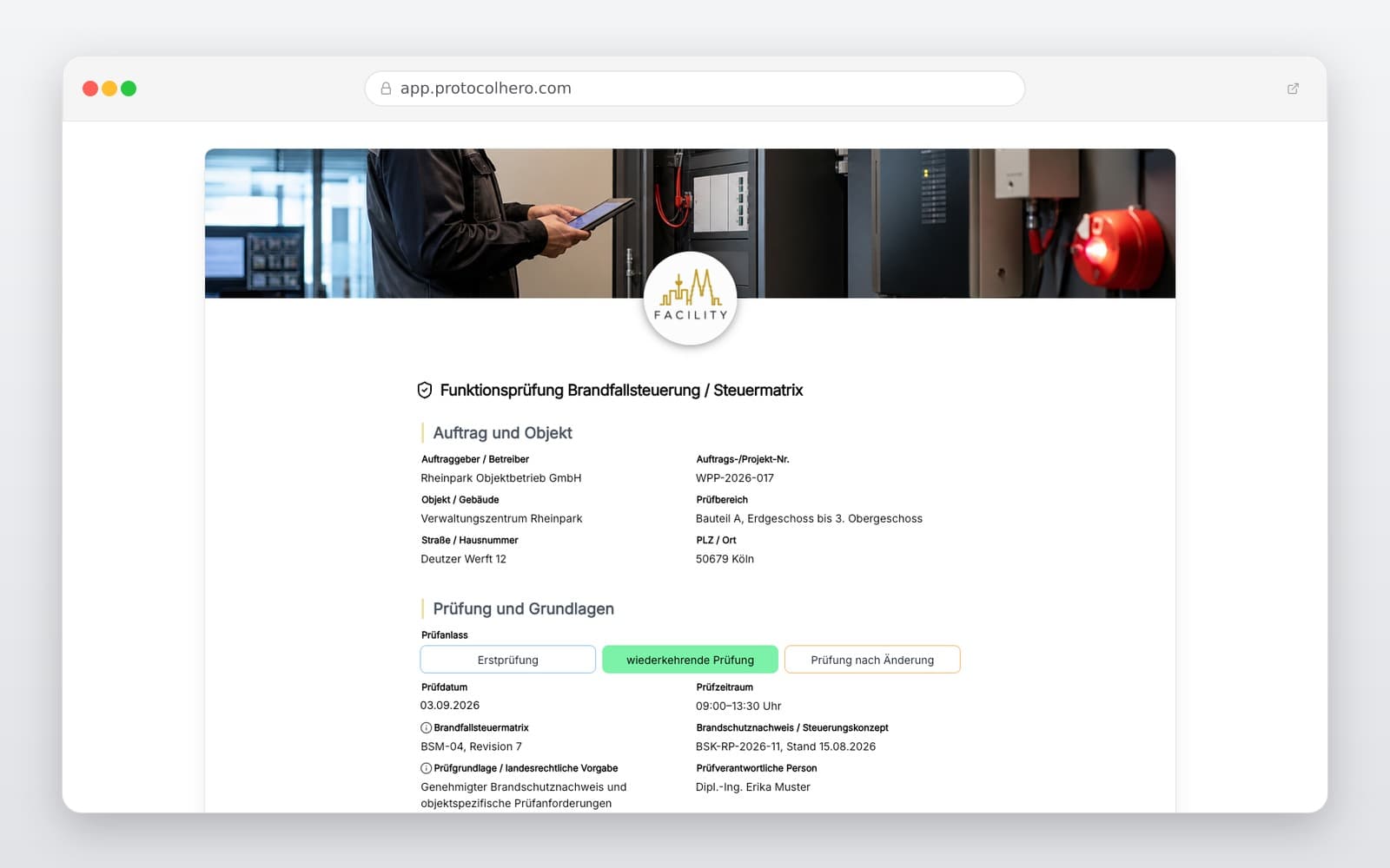 Vorschau der Vorlage „Funktionsprüfung Brandfallsteuerung Vorlage – Prüfprotokoll & Wirkprinzipprüfung"