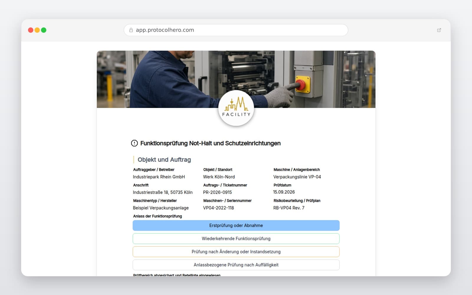 Vorschau der Vorlage „Funktionsprüfung Not-Halt und Schutzeinrichtungen"