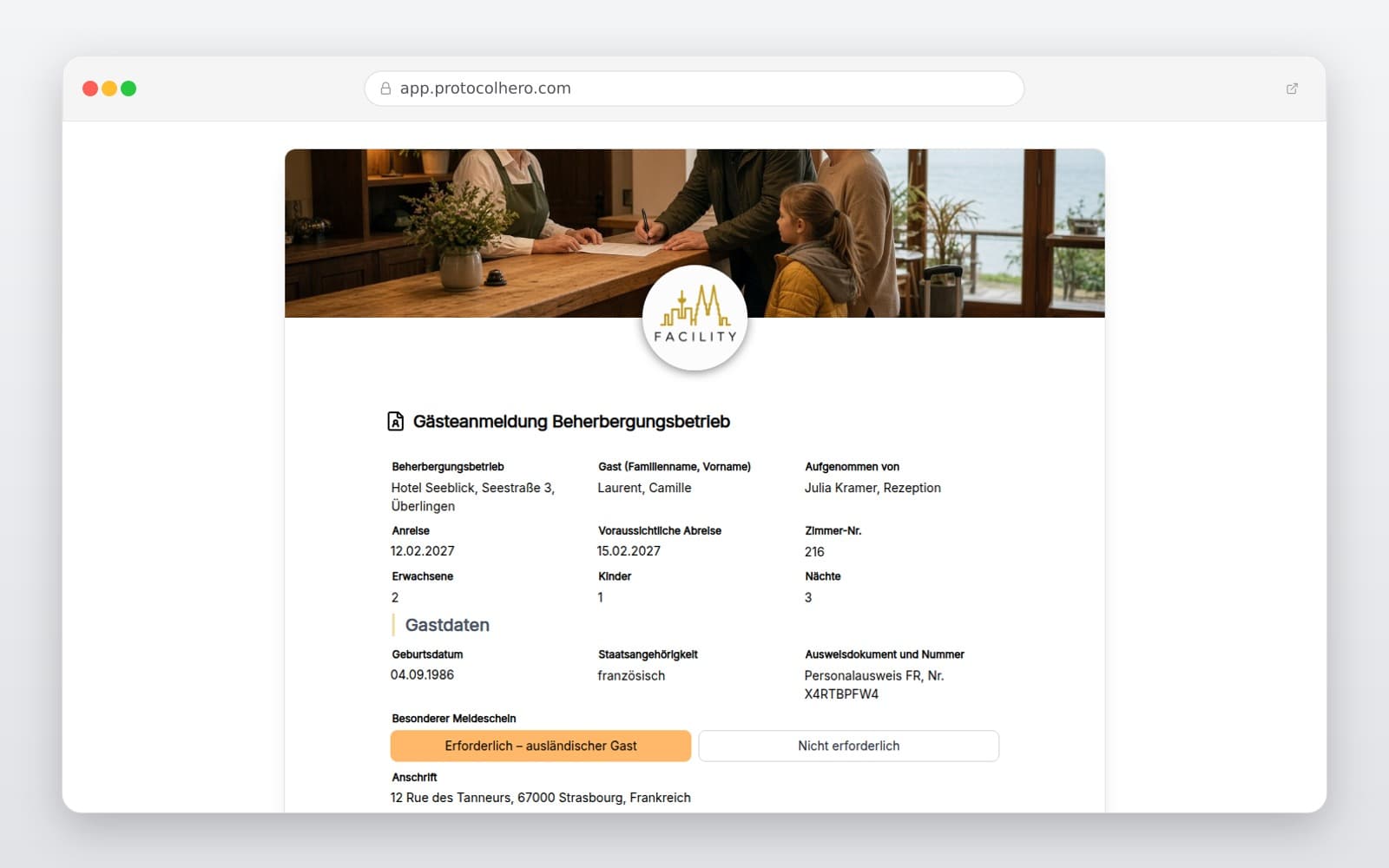 Vorschau der Vorlage „Gästeanmeldung Beherbergungsbetrieb"