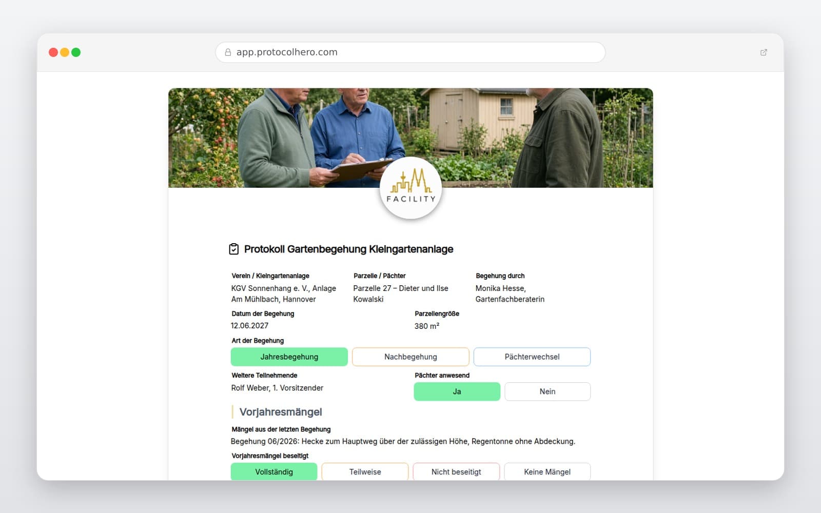 Vorschau der Vorlage „Protokoll Gartenbegehung Kleingartenanlage"