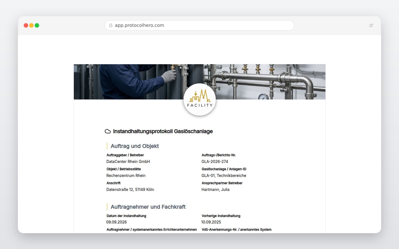 Vorschau der Vorlage „Gaslöschanlage Wartungsprotokoll Vorlage"