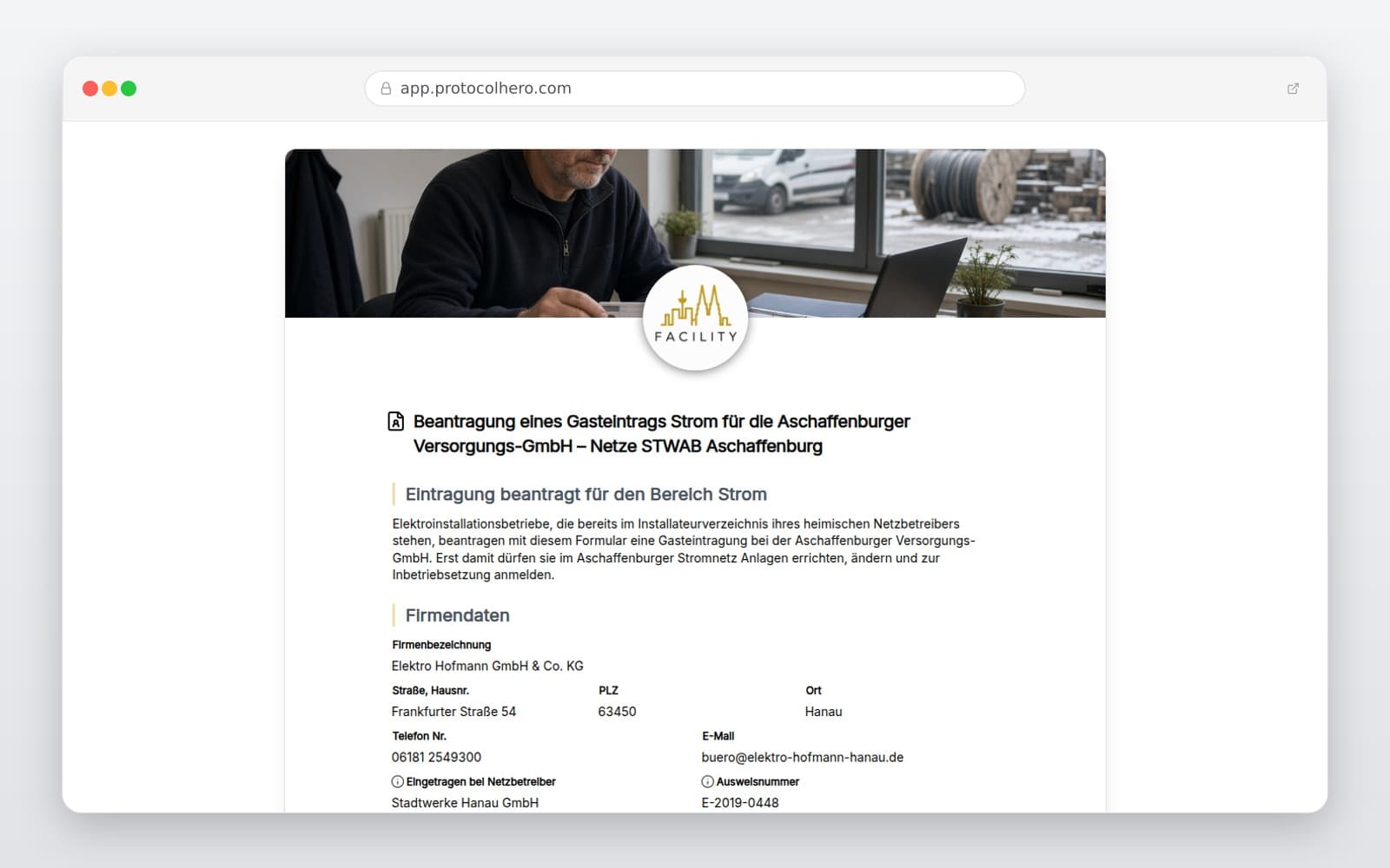Vorschau der Vorlage „Beantragung eines Gasteintrags Strom für die Aschaffenburger Versorgungs-GmbH – Netze STWAB Aschaffenburg"