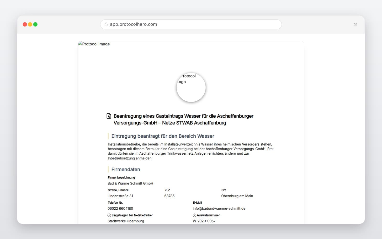 Vorschau der Vorlage „Beantragung eines Gasteintrags Wasser für die Aschaffenburger Versorgungs-GmbH – Netze STWAB Aschaffenburg"