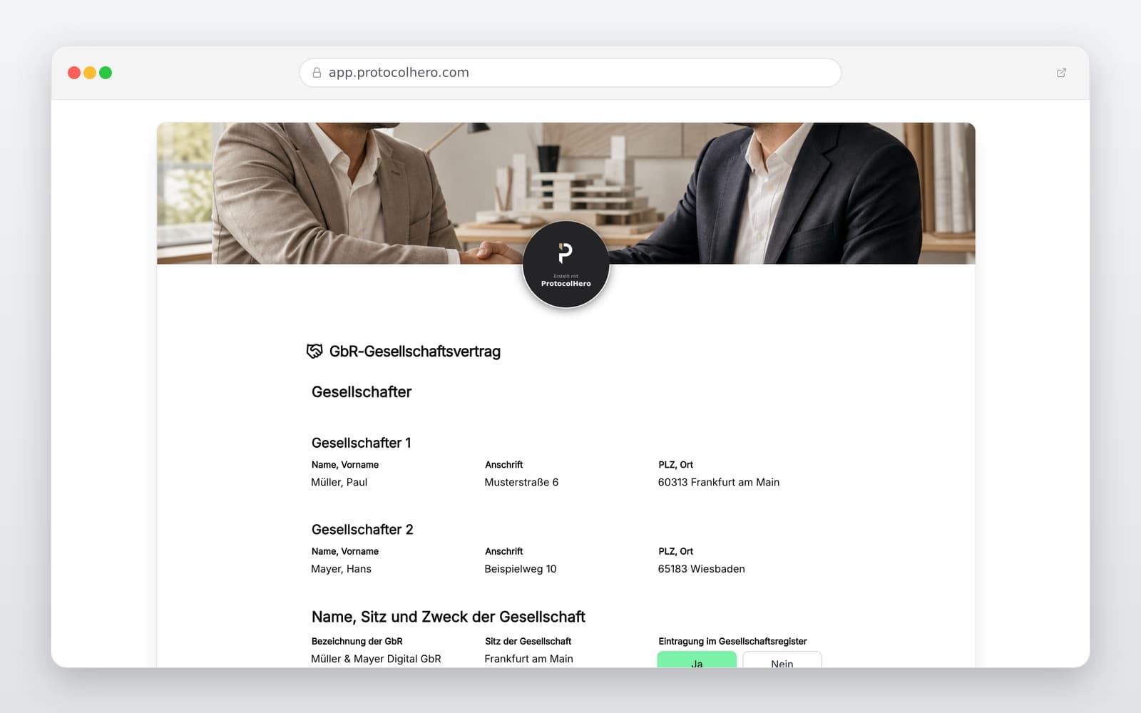 Vorschau der Vorlage „GbR Vertrag Vorlage – Digitaler GbR-Gesellschaftsvertrag"