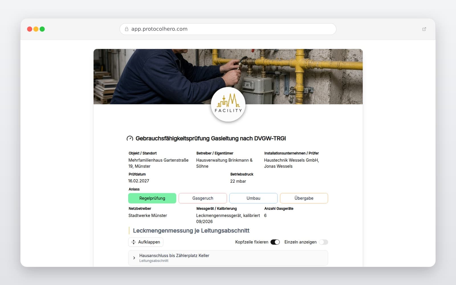 Vorschau der Vorlage „Gebrauchsfähigkeitsprüfung Gasleitung nach DVGW-TRGI"