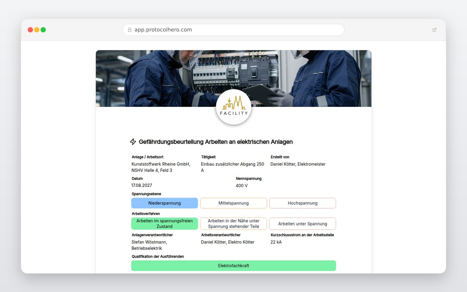 Vorschau der Vorlage „Gefährdungsbeurteilung Arbeiten an elektrischen Anlagen"