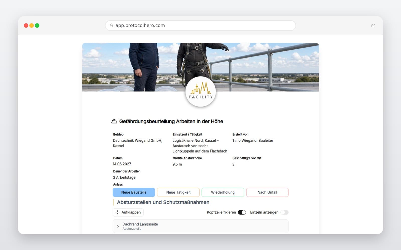 Vorschau der Vorlage „Gefährdungsbeurteilung Arbeiten in der Höhe"
