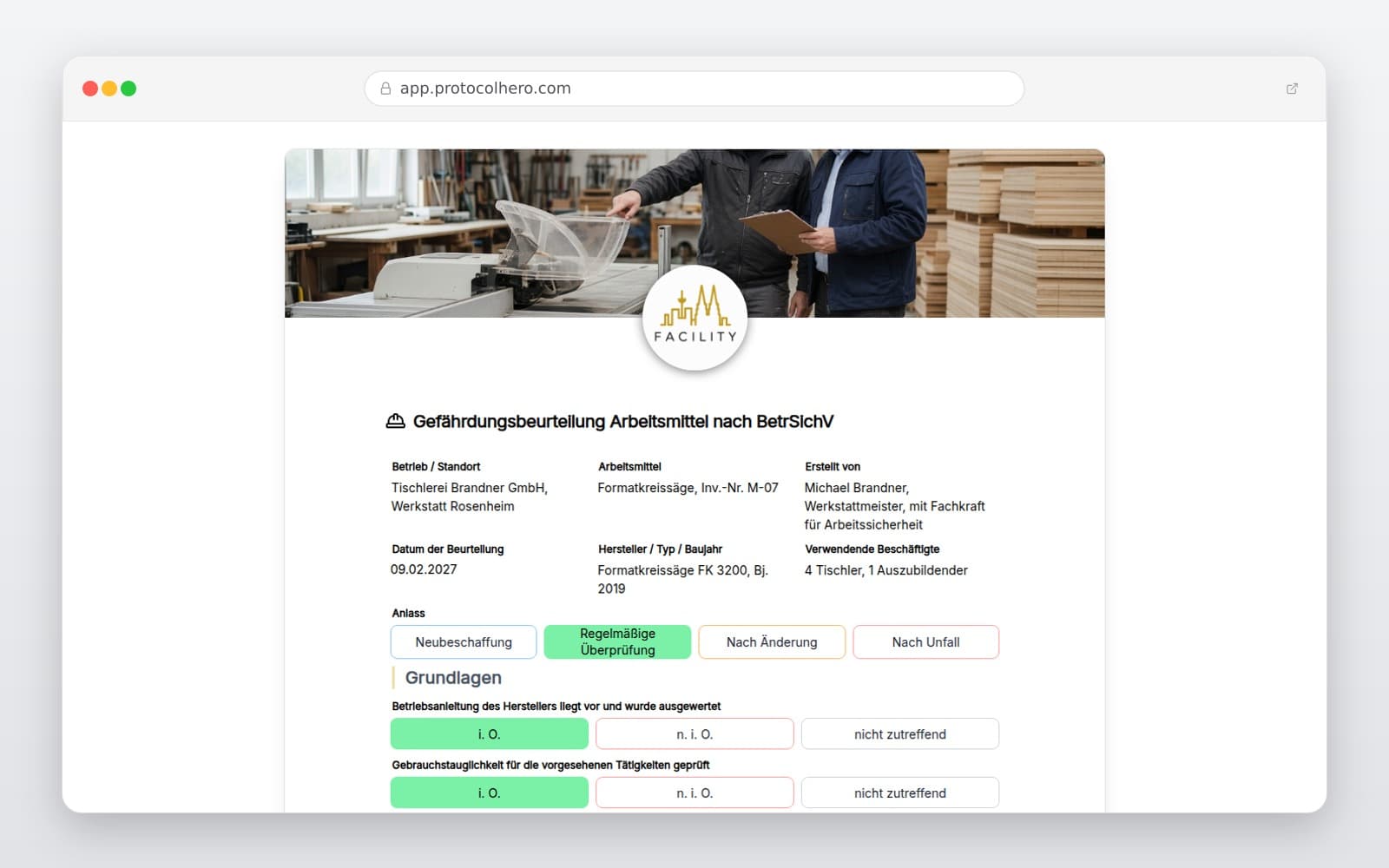 Vorschau der Vorlage „Gefährdungsbeurteilung Arbeitsmittel nach BetrSichV"