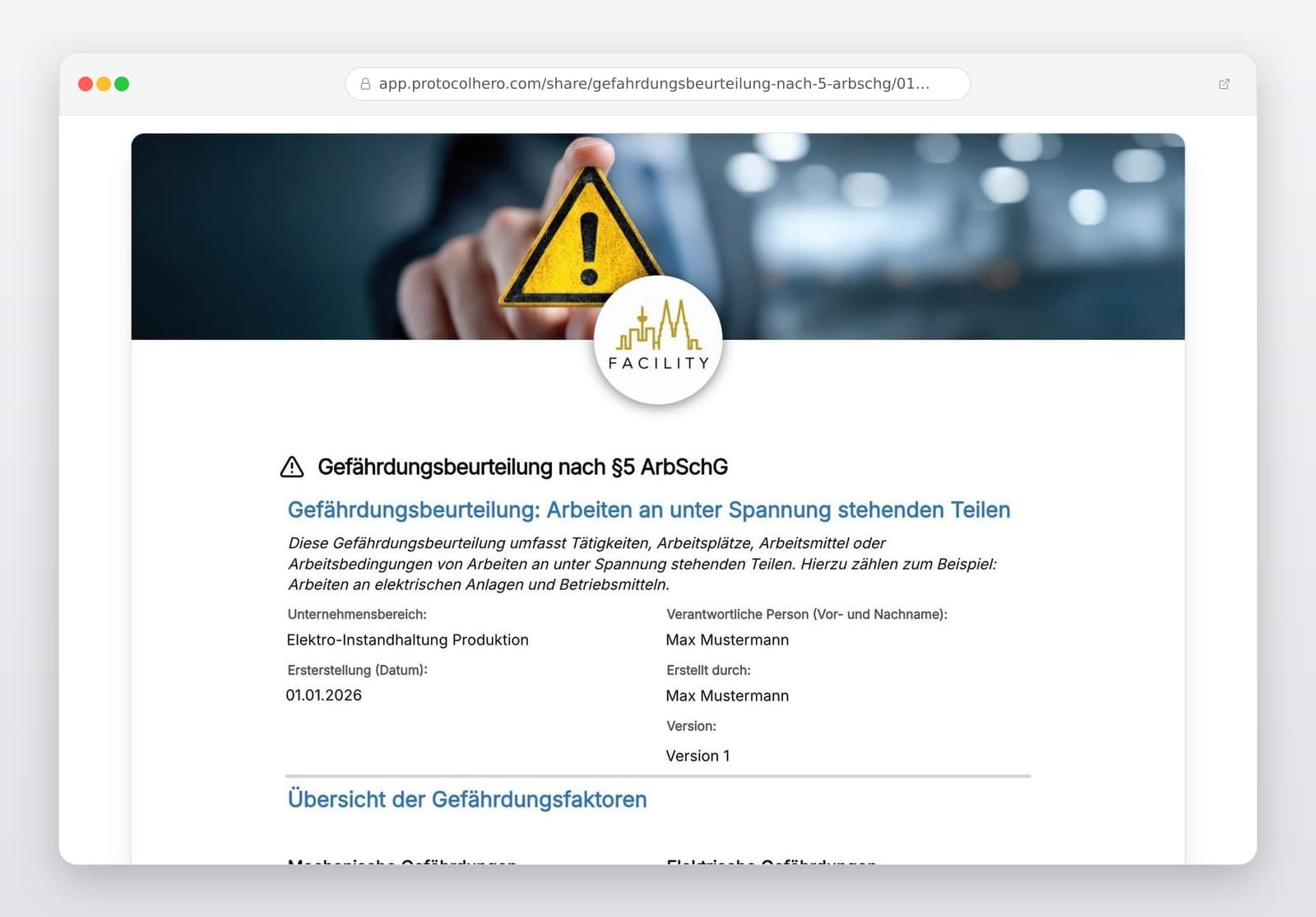 Vorschau der Vorlage „Gefährdungsbeurteilung nach §5 ArbSchG – Vorlage für jeden Arbeitsplatz"