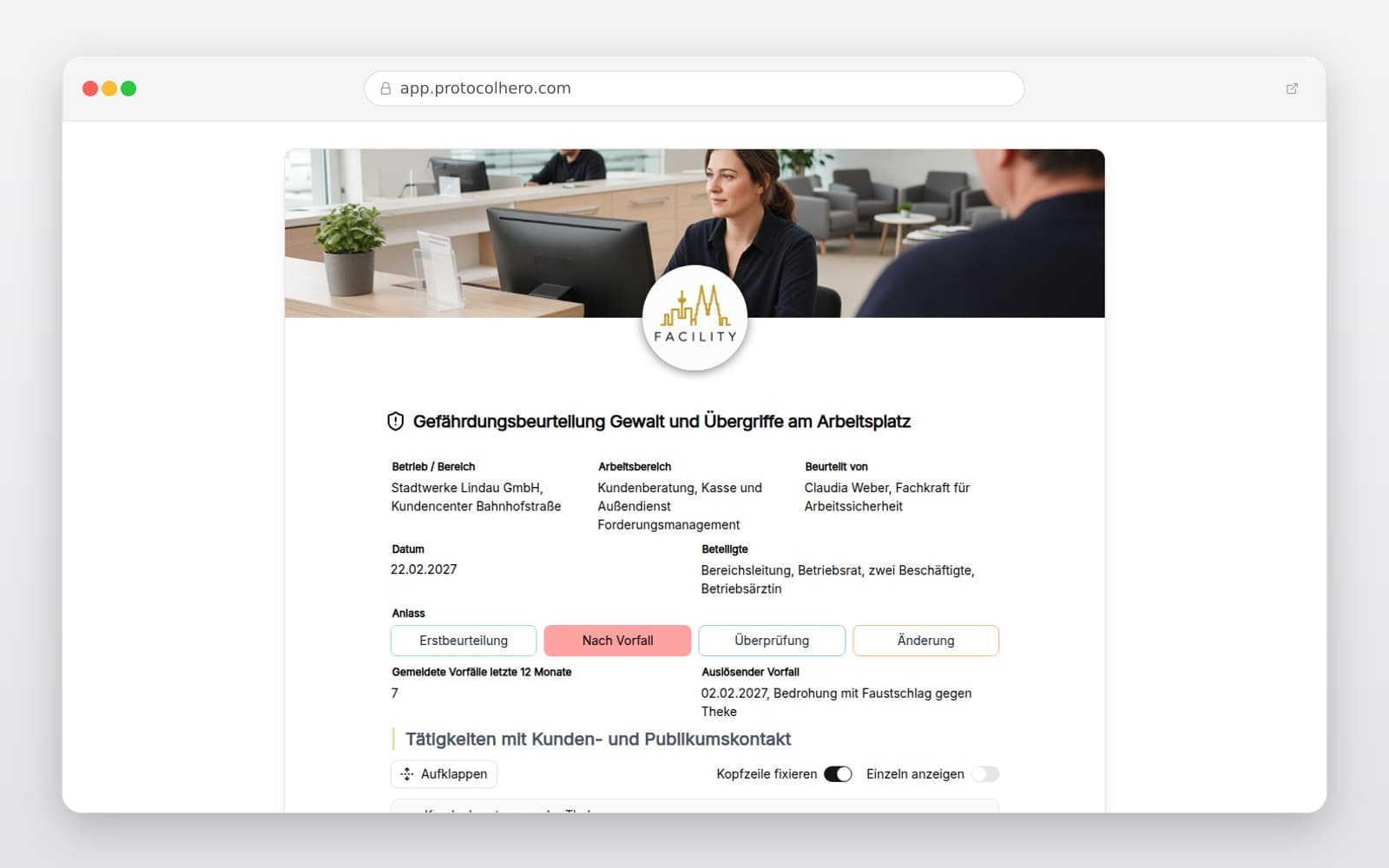 Vorschau der Vorlage „Gefährdungsbeurteilung Gewalt und Übergriffe am Arbeitsplatz"
