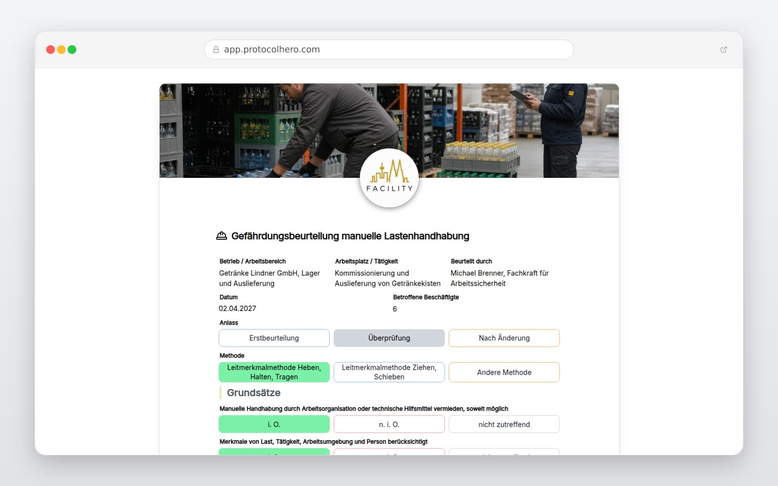 Vorschau der Vorlage „Gefährdungsbeurteilung manuelle Lastenhandhabung"