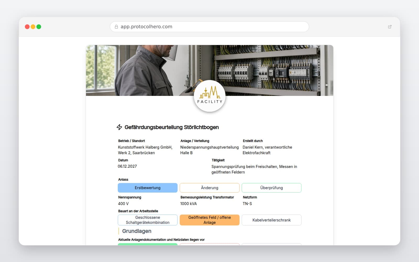 Vorschau der Vorlage „Gefährdungsbeurteilung Störlichtbogen"