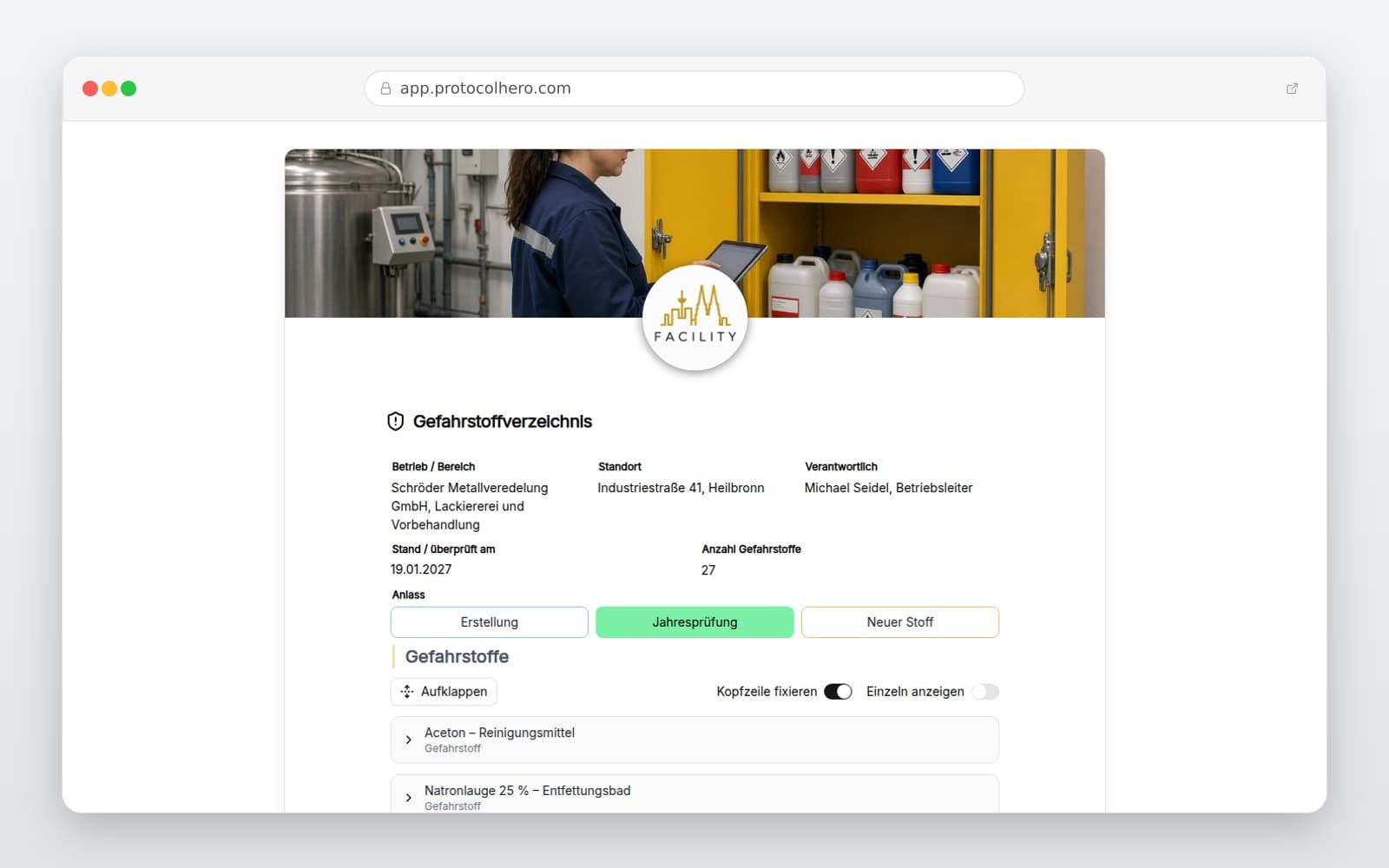 Vorschau der Vorlage „Gefahrstoffverzeichnis"
