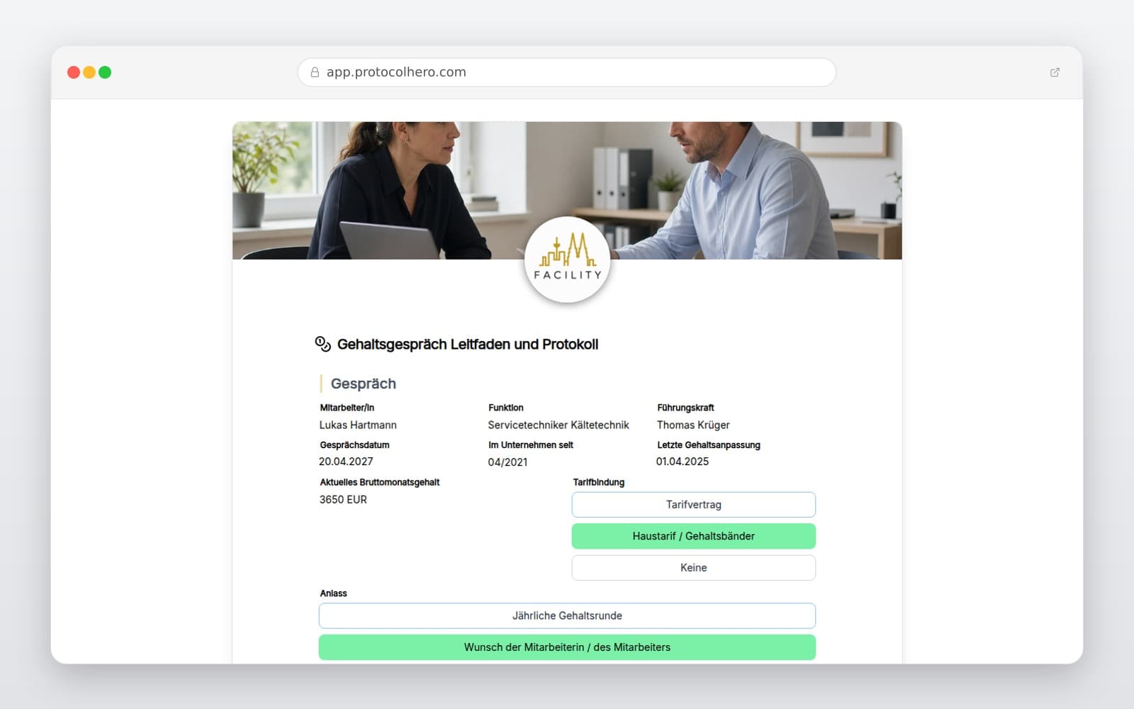 Vorschau der Vorlage „Gehaltsgespräch Leitfaden und Protokoll"