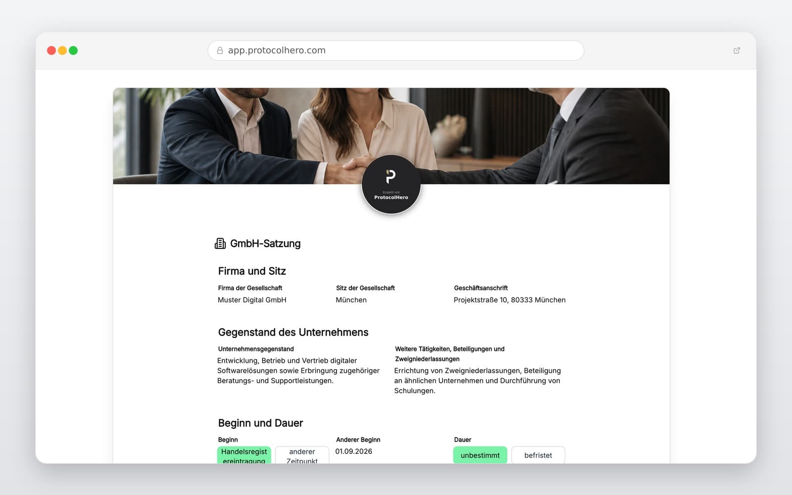 Vorschau der Vorlage „GmbH-Satzung Vorlage – Digitaler Gesellschaftsvertrag"