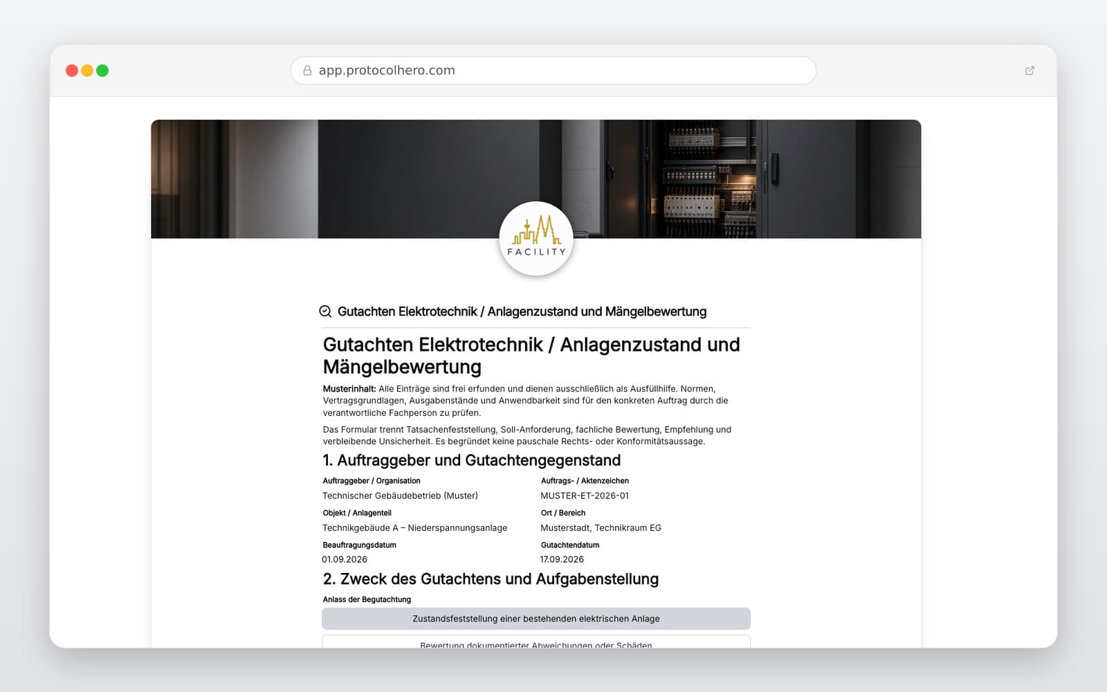 Vorschau der Vorlage „Gutachten Elektrotechnik / Anlagenzustand und Mängelbewertung"