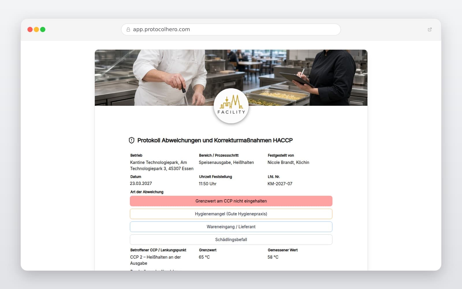 Vorschau der Vorlage „Protokoll Abweichungen und Korrekturmaßnahmen HACCP"