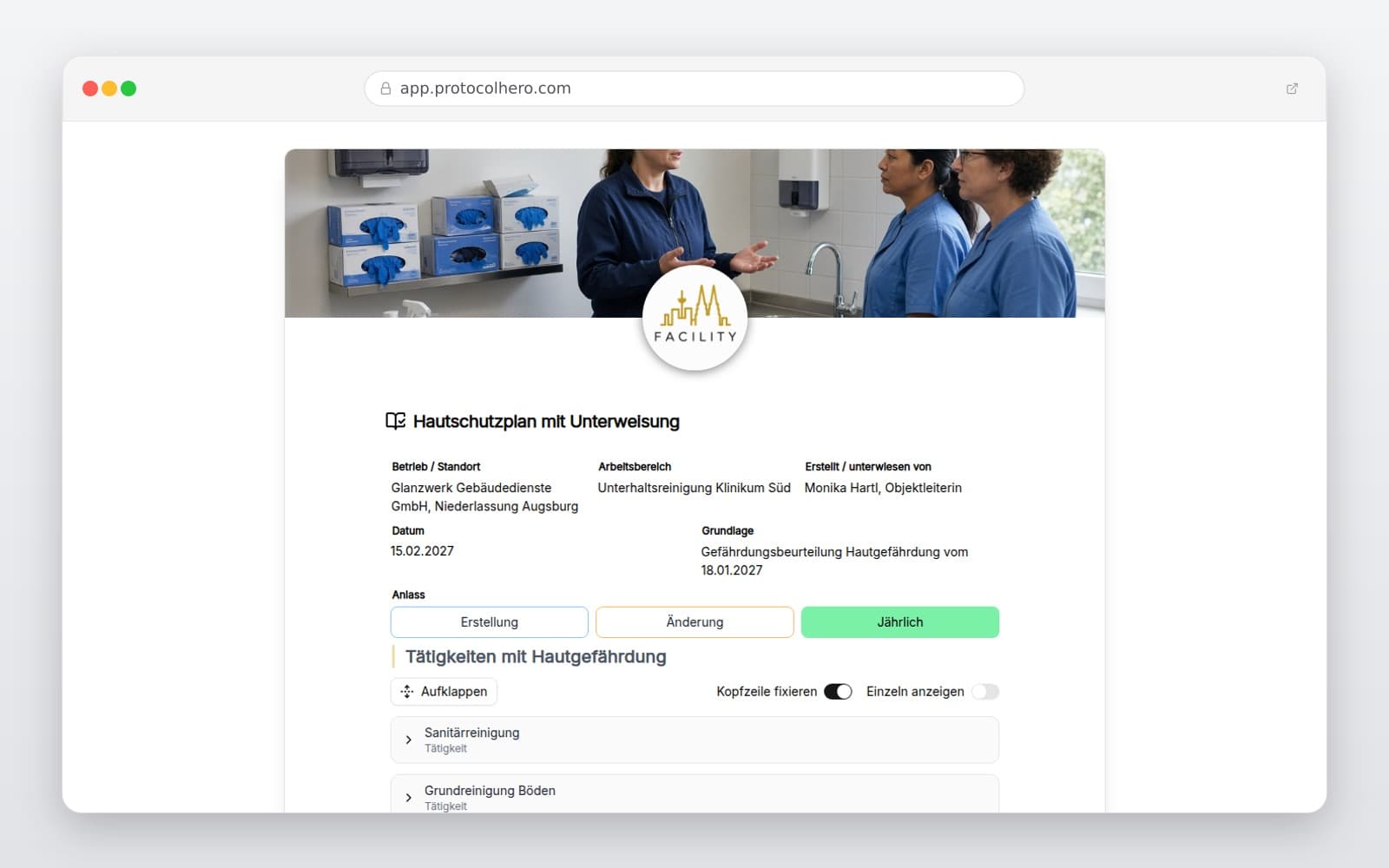 Vorschau der Vorlage „Hautschutzplan mit Unterweisung"