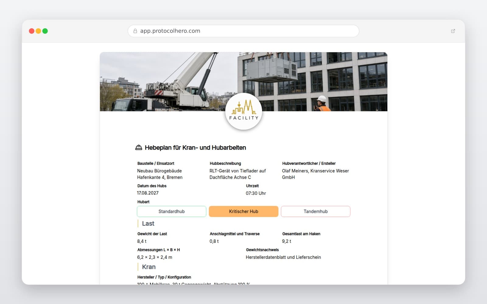 Vorschau der Vorlage „Hebeplan für Kran- und Hubarbeiten"