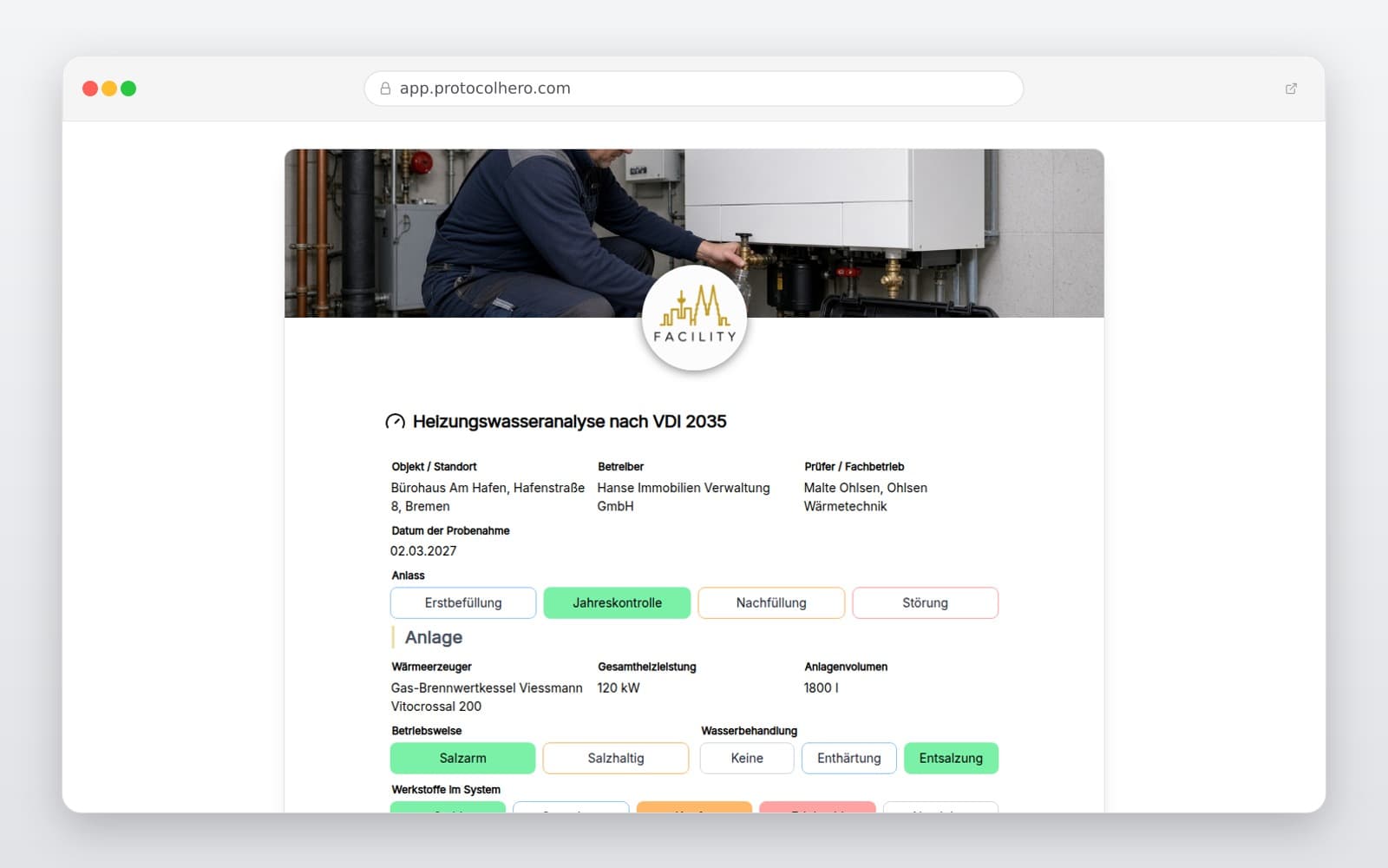 Vorschau der Vorlage „Heizungswasseranalyse nach VDI 2035"