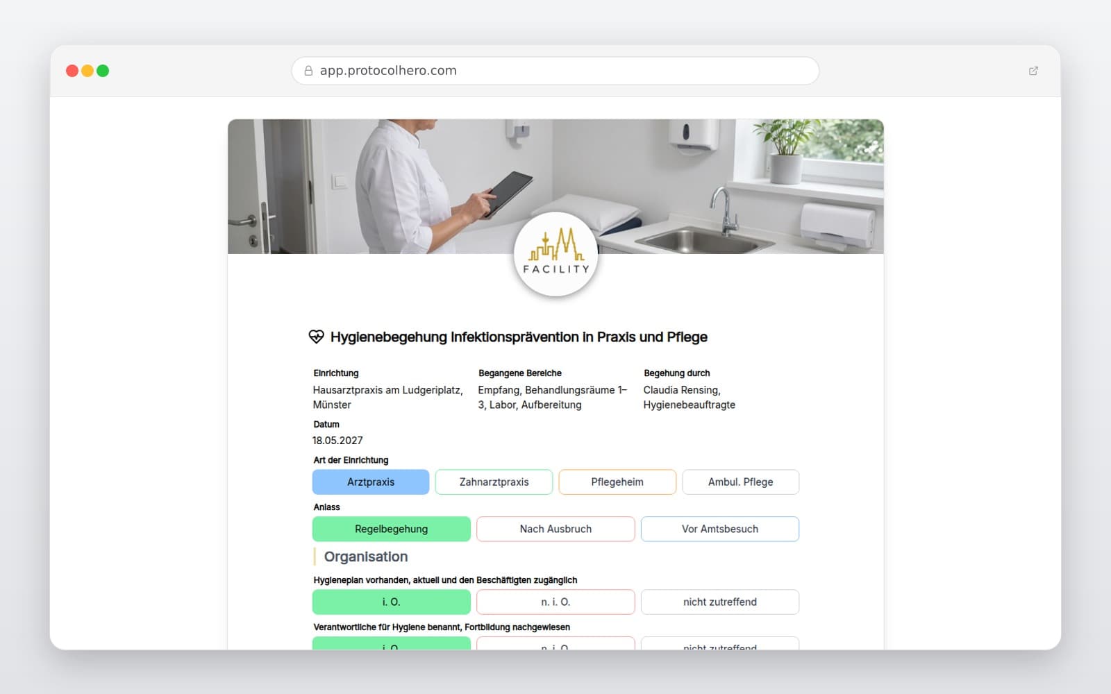 Vorschau der Vorlage „Hygienebegehung Infektionsprävention in Praxis und Pflege"