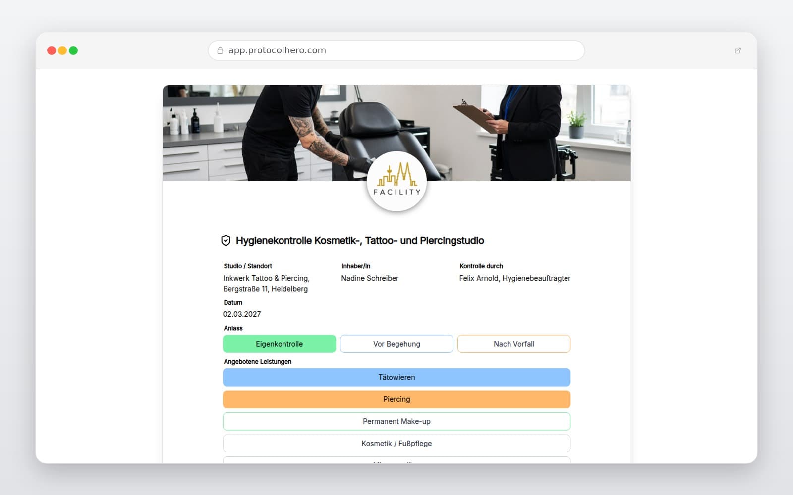 Vorschau der Vorlage „Hygienekontrolle Kosmetik-, Tattoo- und Piercingstudio"