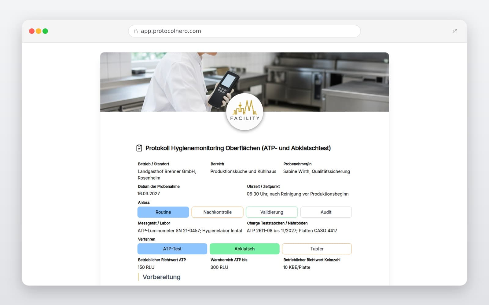 Vorschau der Vorlage „Protokoll Hygienemonitoring Oberflächen (ATP- und Abklatschtest)"