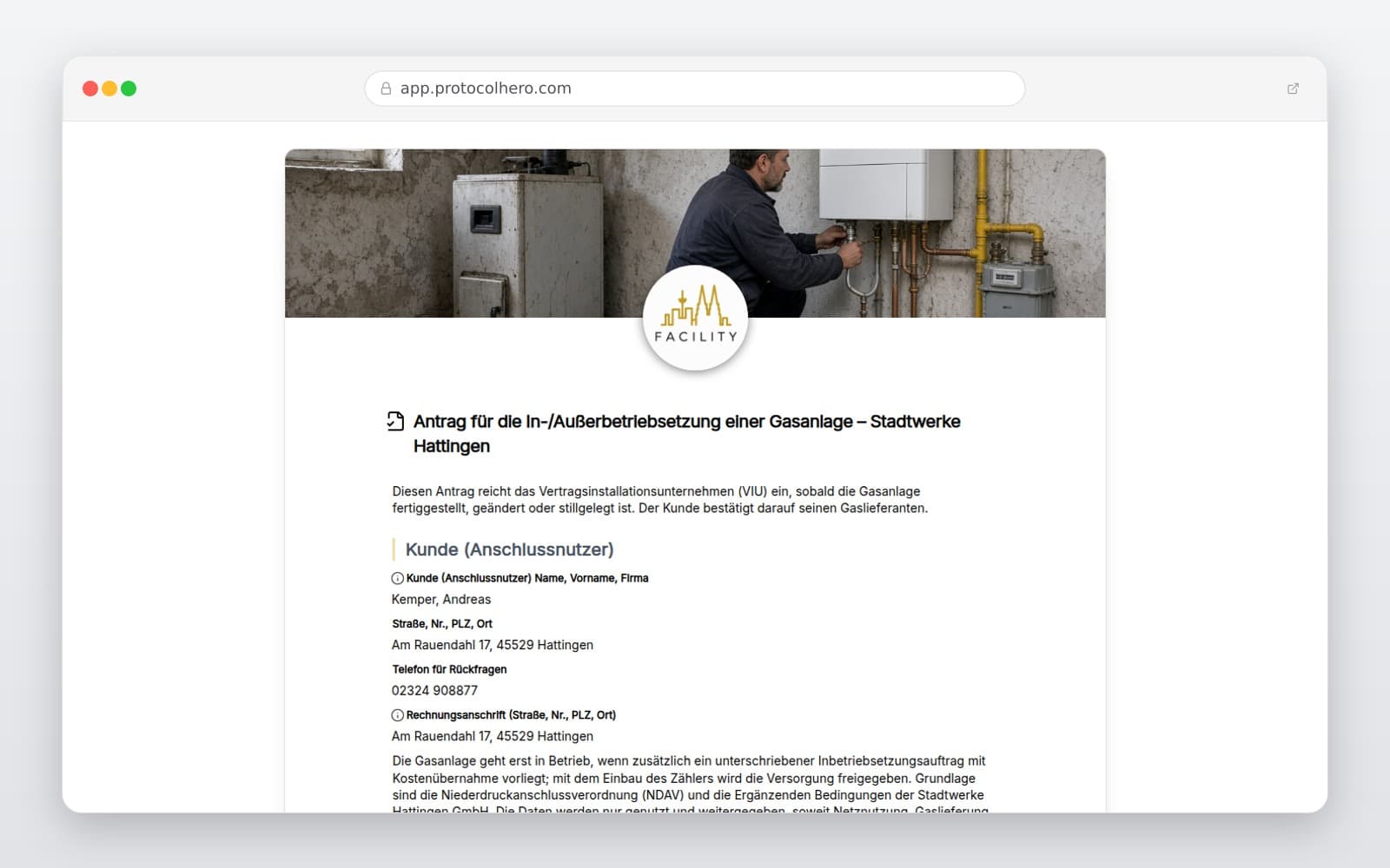 Vorschau der Vorlage „Antrag für die In-/Außerbetriebsetzung einer Gasanlage – Stadtwerke Hattingen"