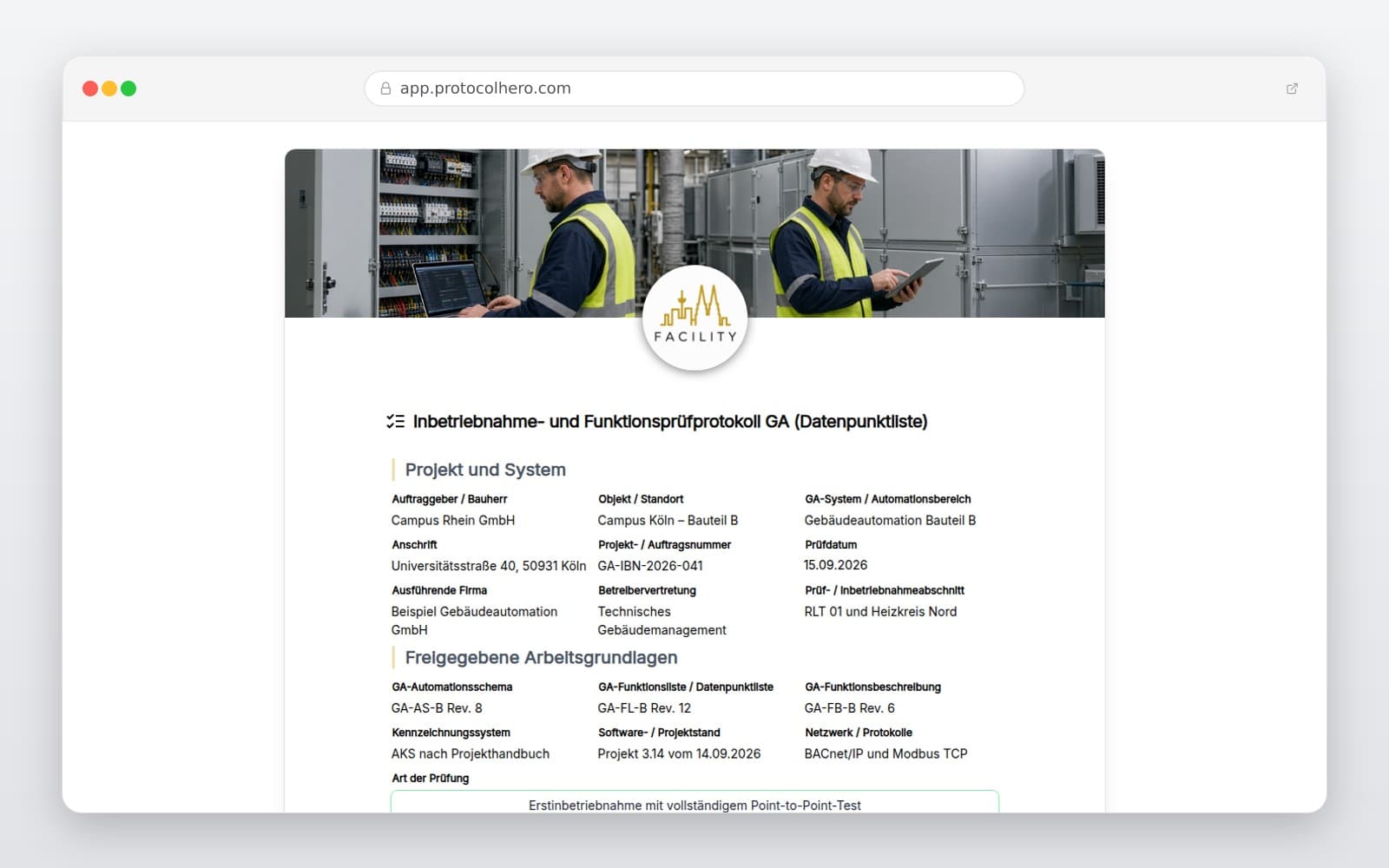 Vorschau der Vorlage „Inbetriebnahme- und Funktionsprüfprotokoll GA mit Datenpunktliste"