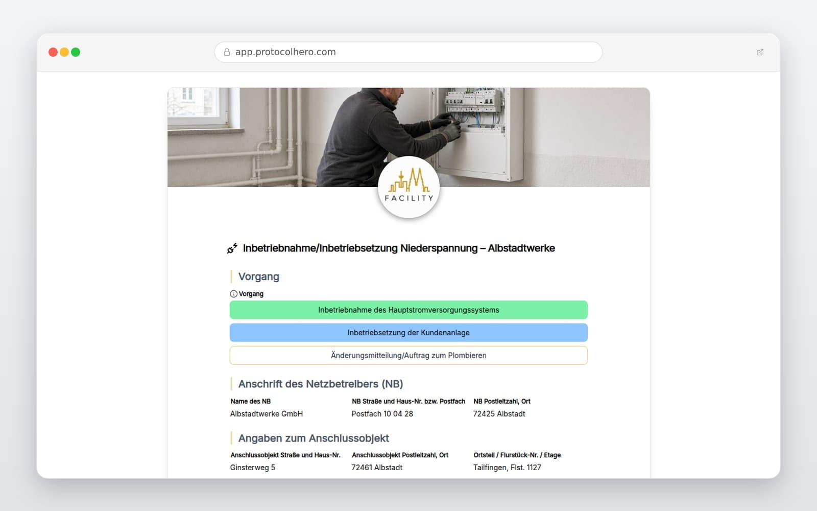 Vorschau der Vorlage „Inbetriebnahme/Inbetriebsetzung Niederspannung – Albstadtwerke"