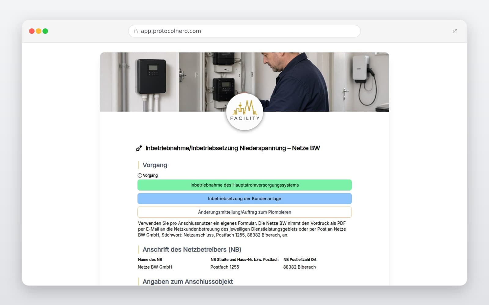 Vorschau der Vorlage „Inbetriebnahme/Inbetriebsetzung Niederspannung – Netze BW"
