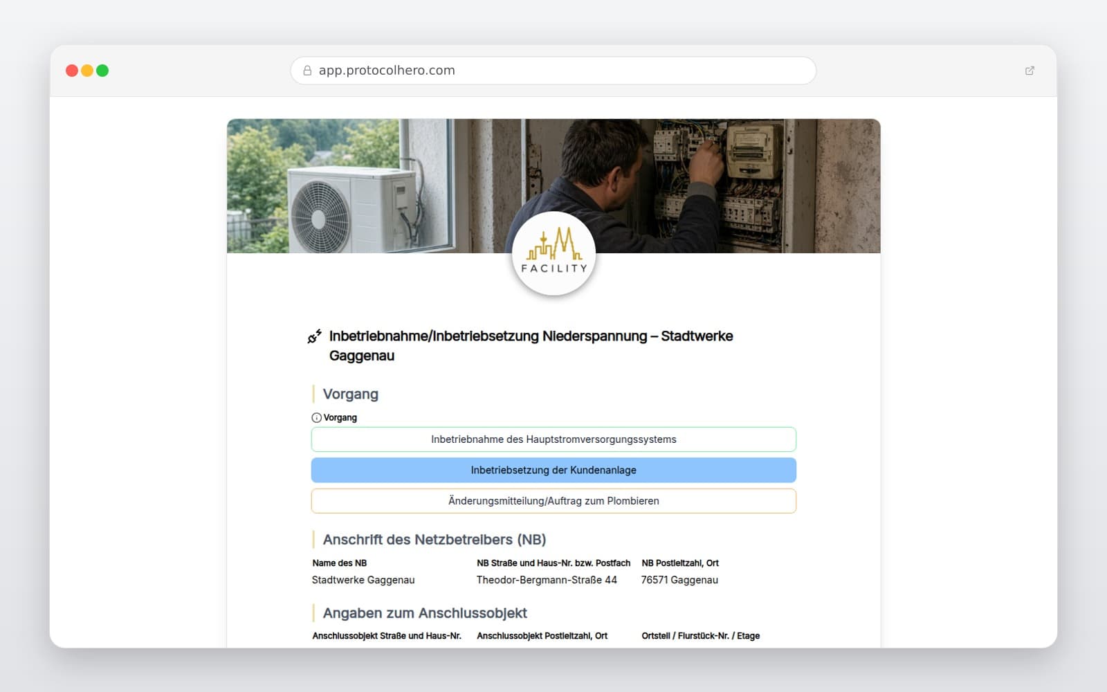 Vorschau der Vorlage „Inbetriebnahme/Inbetriebsetzung Niederspannung – Stadtwerke Gaggenau"