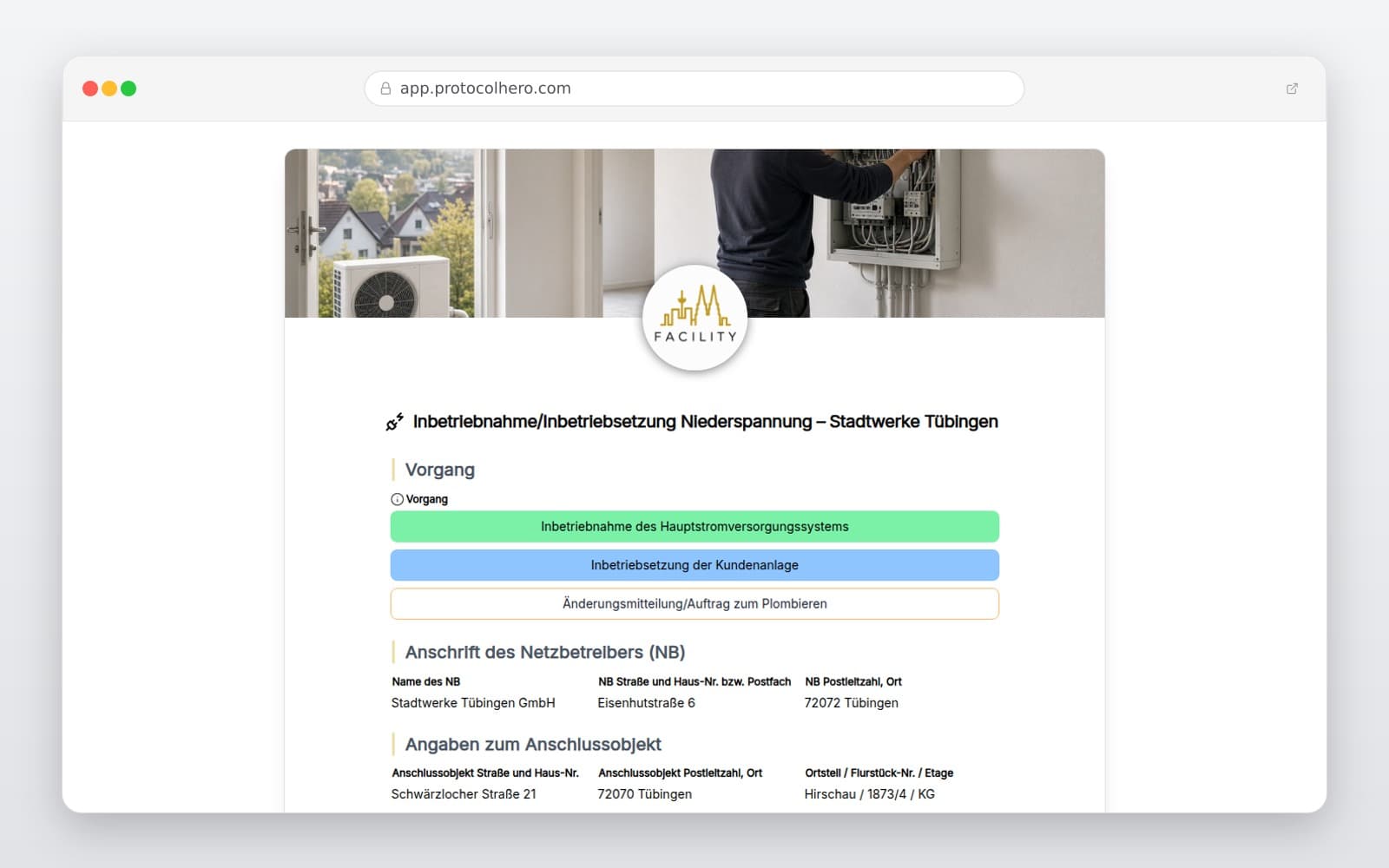 Vorschau der Vorlage „Inbetriebnahme/Inbetriebsetzung Niederspannung – Stadtwerke Tübingen"
