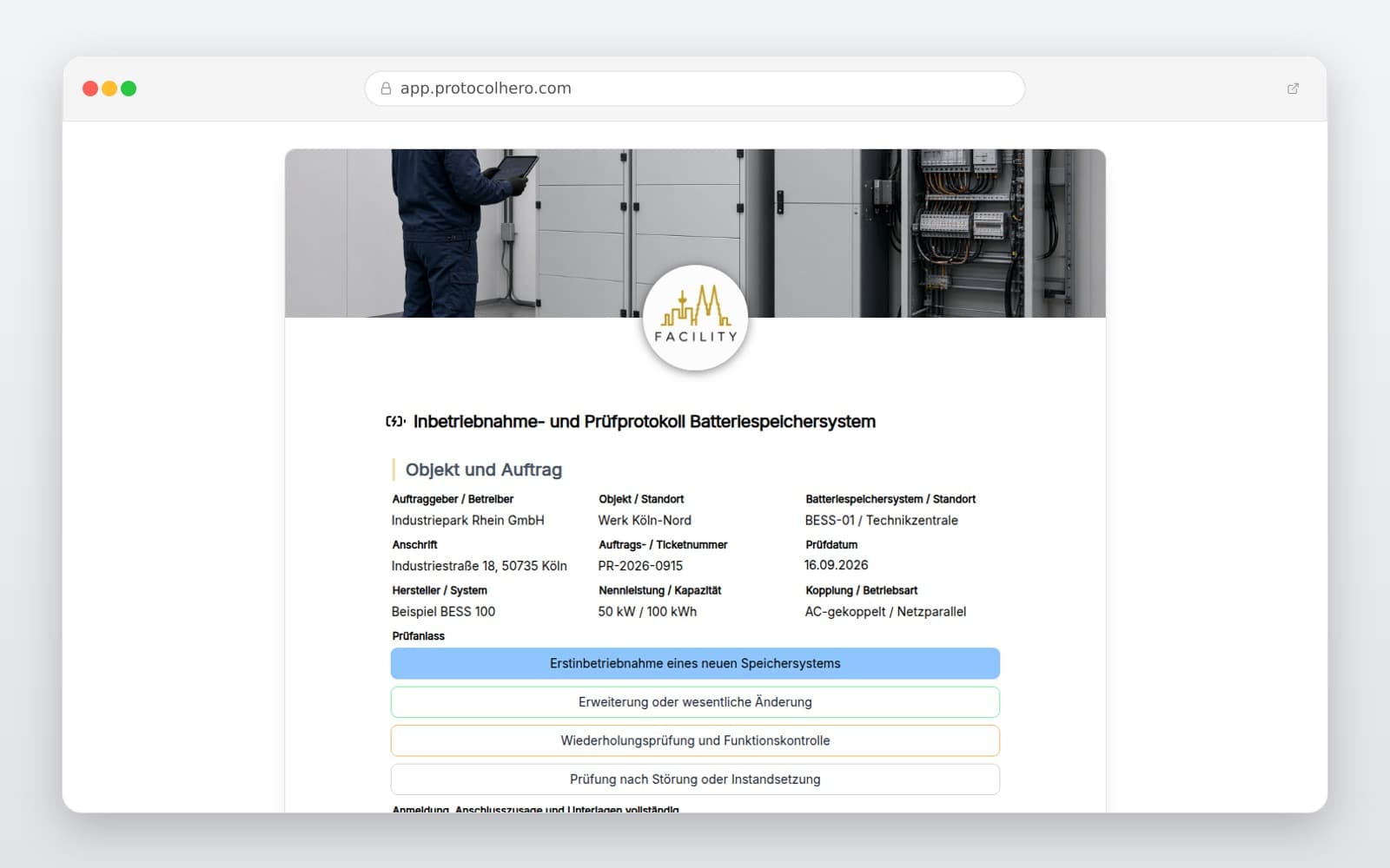 Vorschau der Vorlage „Inbetriebnahme- und Prüfprotokoll Batteriespeichersystem"