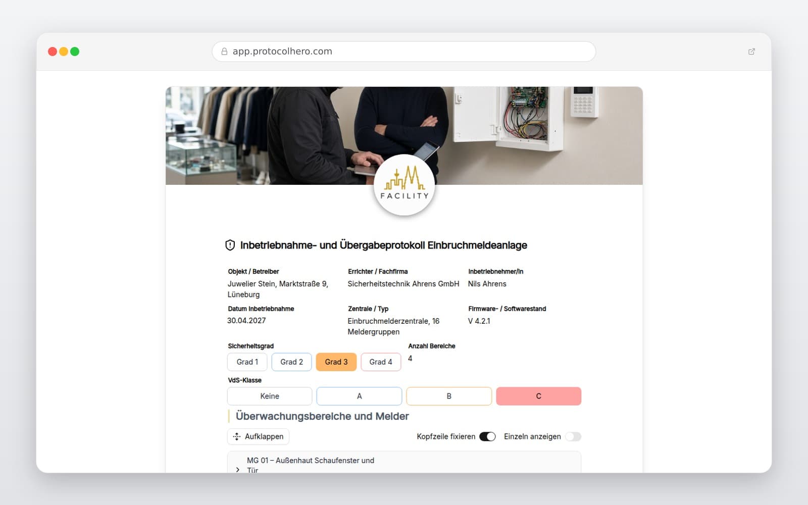Vorschau der Vorlage „Inbetriebnahme- und Übergabeprotokoll Einbruchmeldeanlage"