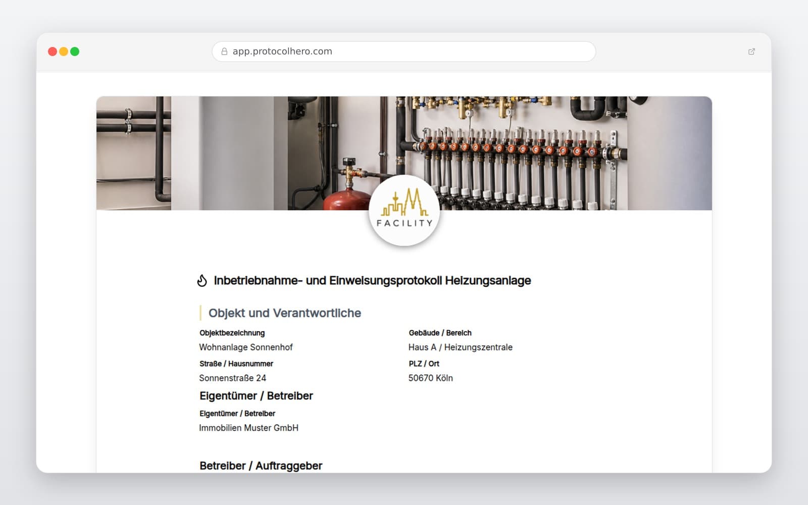 Vorschau der Vorlage „Inbetriebnahmeprotokoll Heizungsanlage Vorlage"