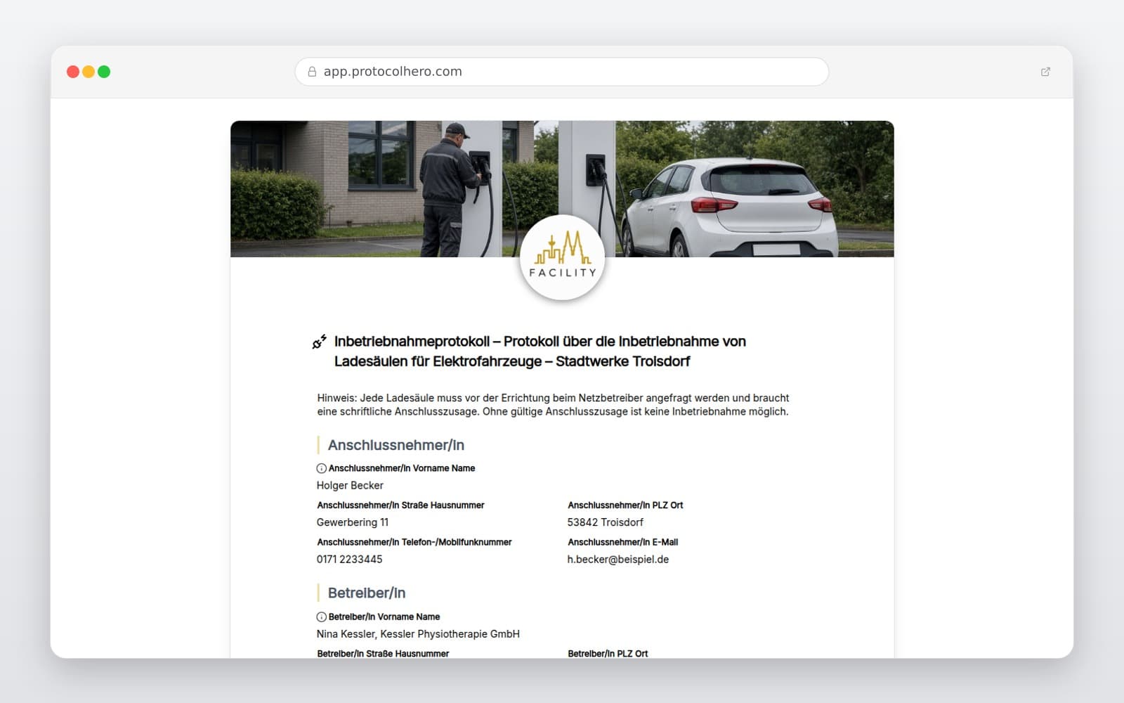 Vorschau der Vorlage „Inbetriebnahmeprotokoll – Protokoll über die Inbetriebnahme von Ladesäulen für Elektrofahrzeuge – Stadtwerke Troisdorf"