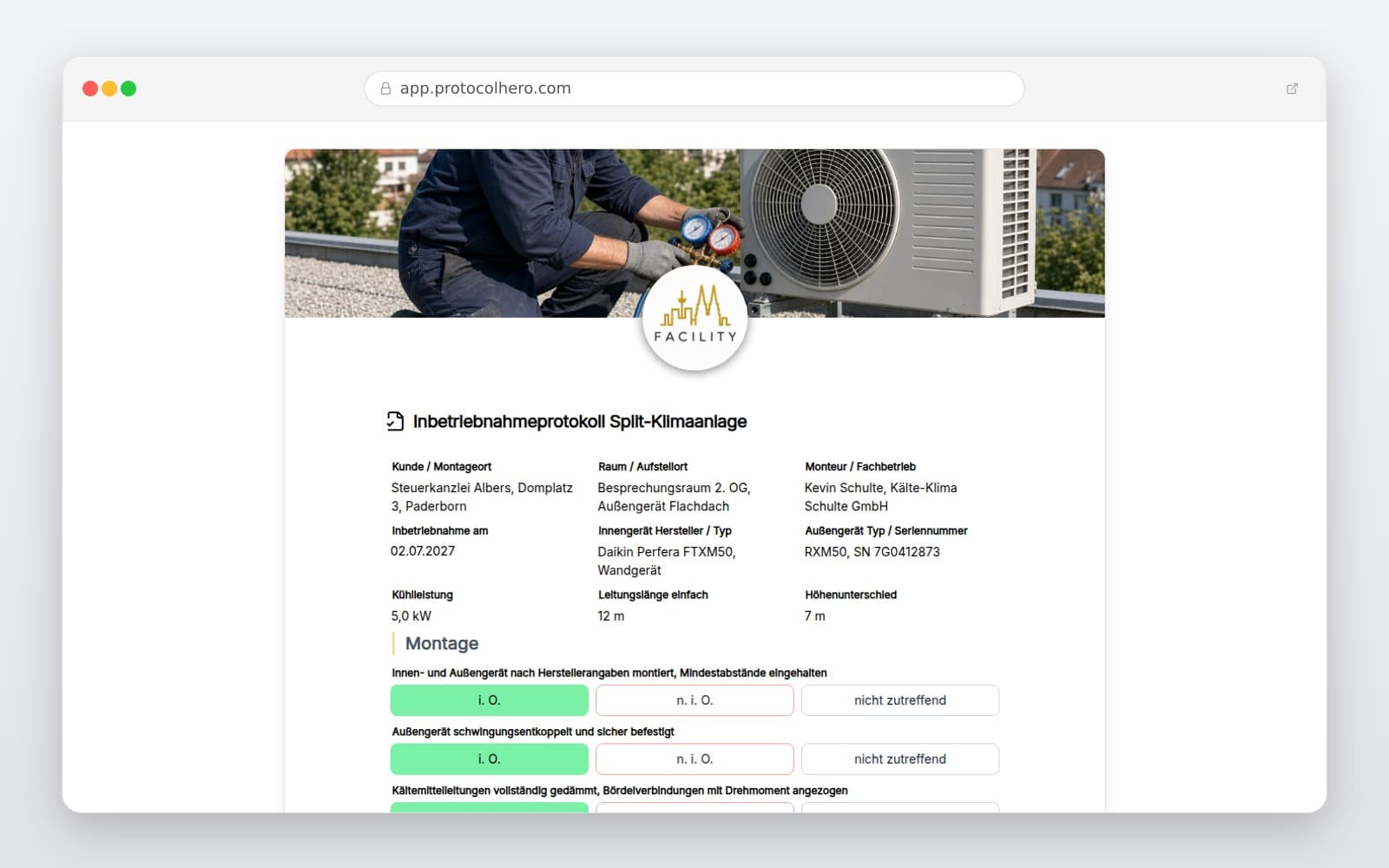 Vorschau der Vorlage „Inbetriebnahmeprotokoll Split-Klimaanlage"