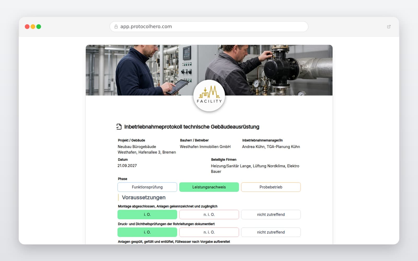 Vorschau der Vorlage „Inbetriebnahmeprotokoll technische Gebäudeausrüstung"