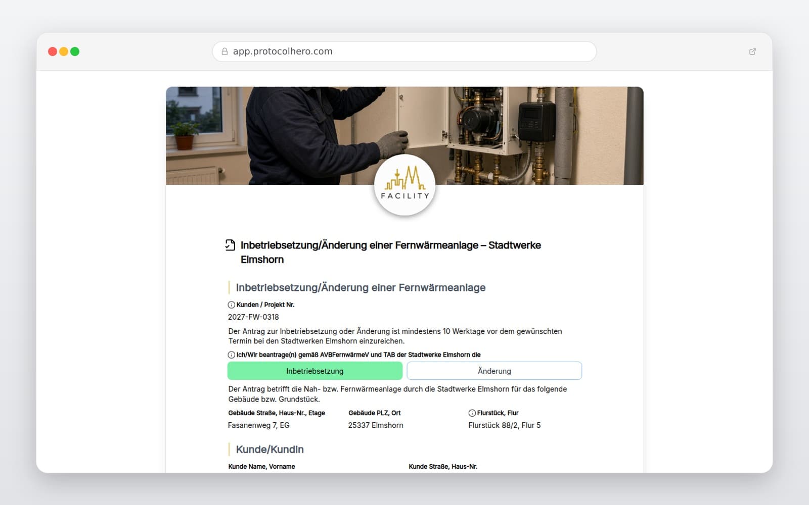 Vorschau der Vorlage „Inbetriebsetzung/Änderung einer Fernwärmeanlage – Stadtwerke Elmshorn"
