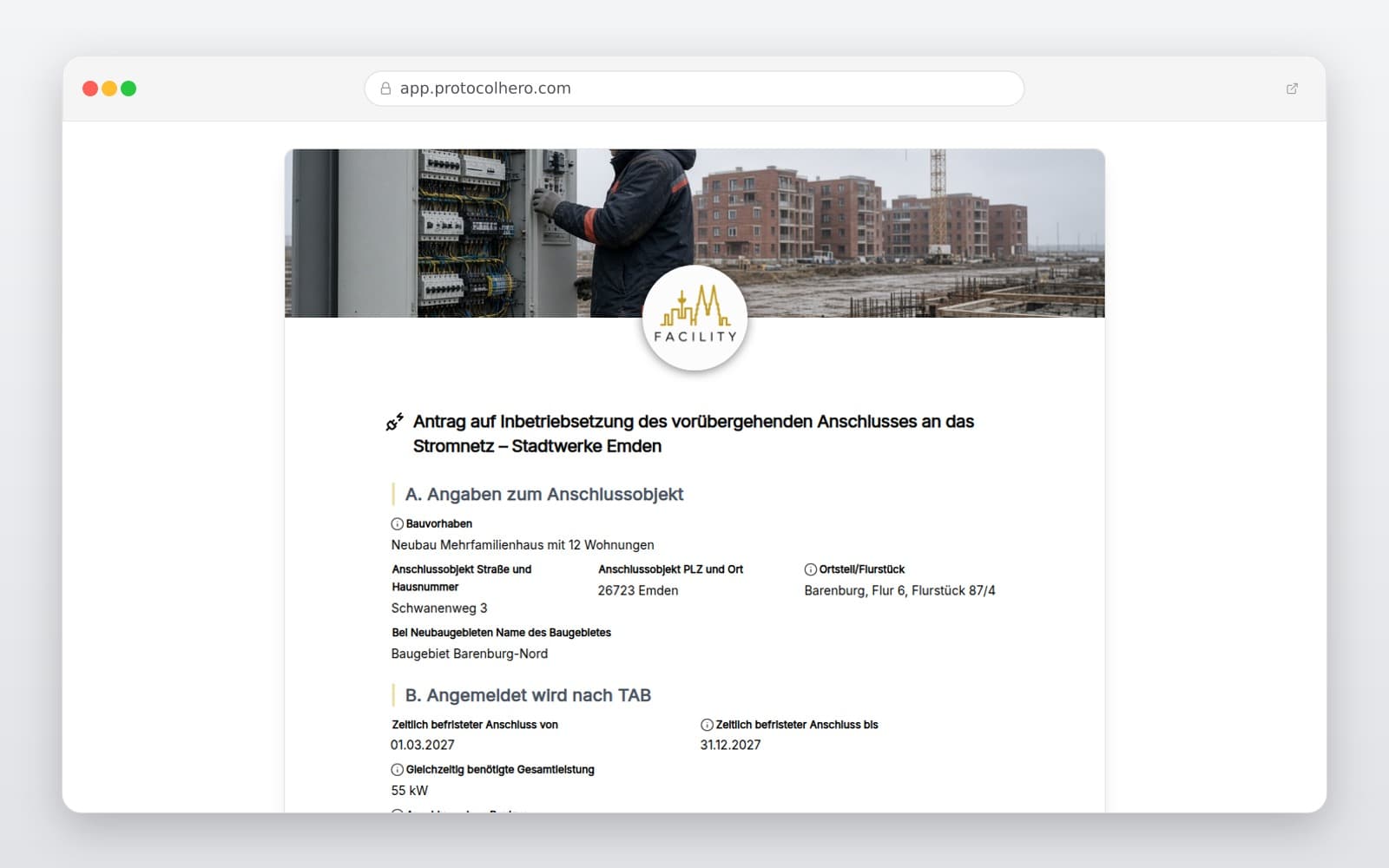 Vorschau der Vorlage „Antrag auf Inbetriebsetzung des vorübergehenden Anschlusses an das Stromnetz – Stadtwerke Emden"